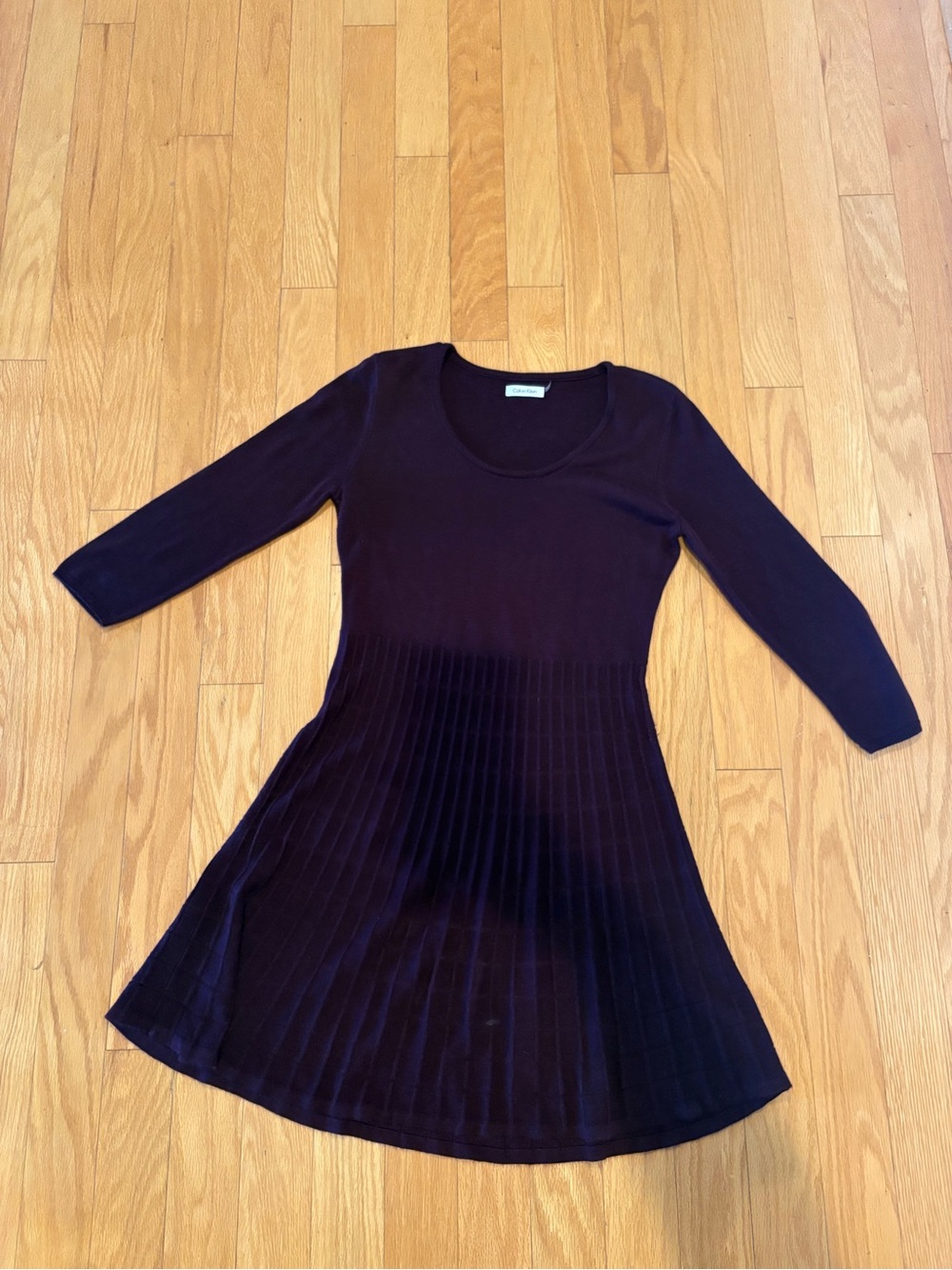Calvin Klein Dark Purple Long Sleeve Knit Fit-and-Flare Dress